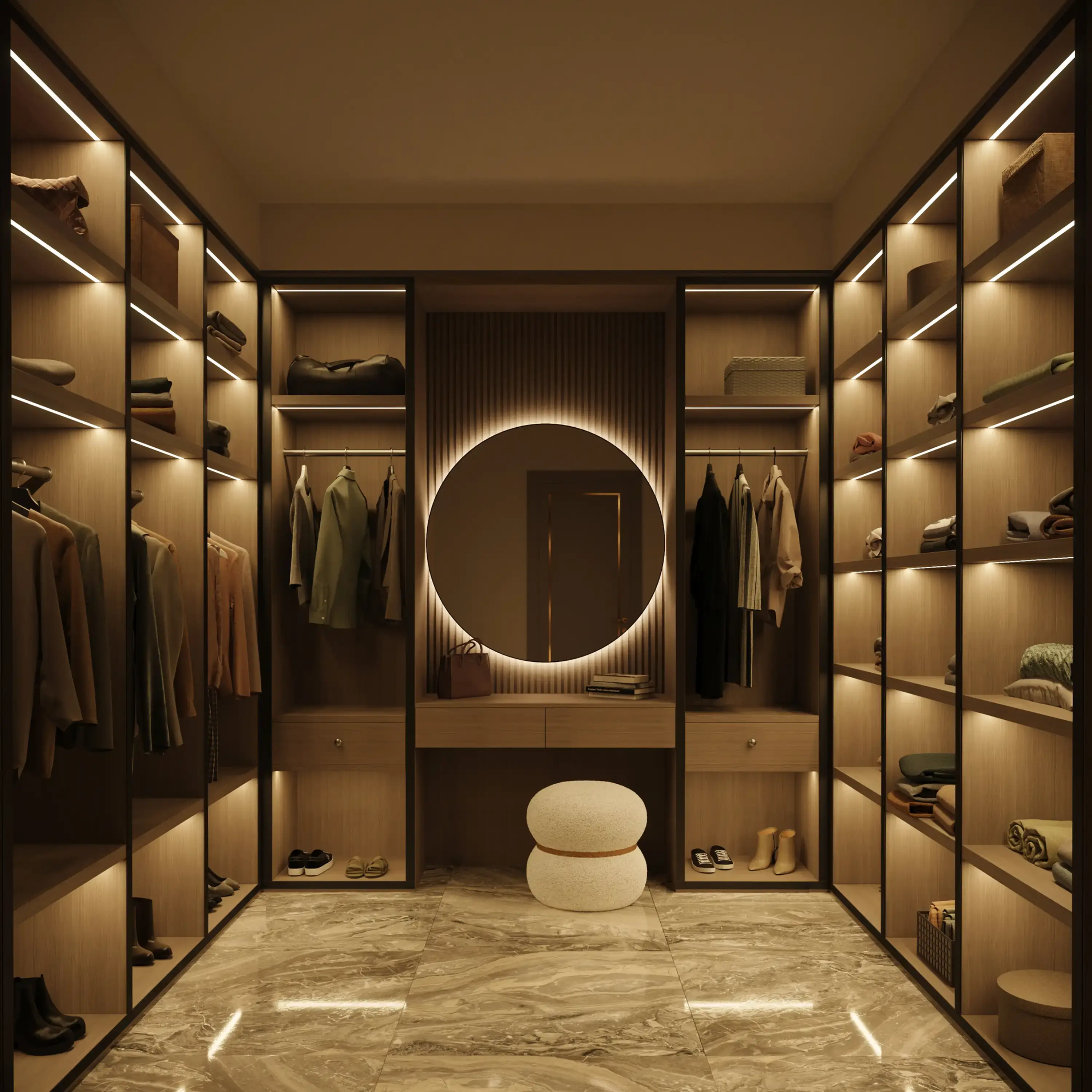 Amenajare dressing walk in pe colt cu oglinda rotunda si lumini LED Almir Chisinau
