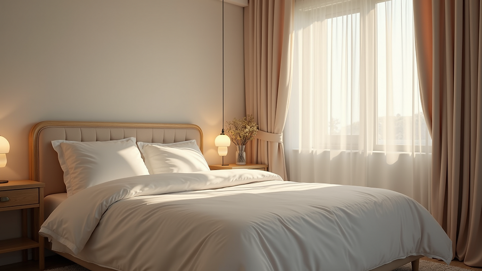Eye-level view of a cozy bedroom with soft lighting and a neatly made bed