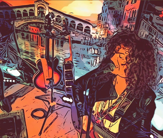 Création graphique pour le spectacle L'Escale Dolce Vita de Maria Déssart avec Venise et le pont du Rialto