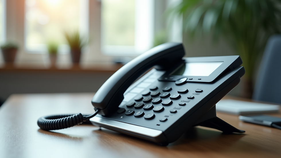 Close-up view of a VoIP phone handset on a desk in a small business office
