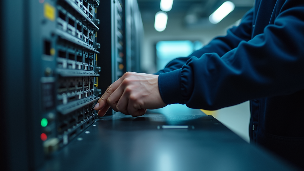 Eye-level view of a network technician adjusting settings on a switch