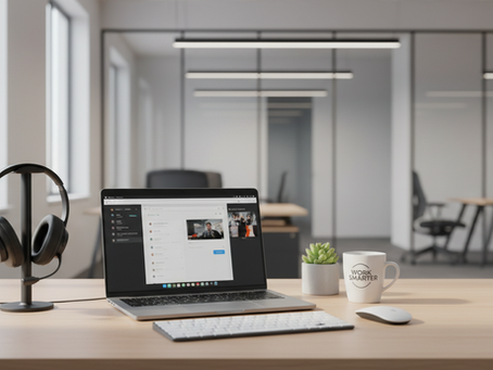 Eye-level view of a modern office desk with a laptop and headphones.