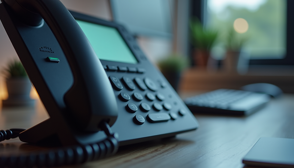 Office desk with a black phone, keyboard, and monitor in the background. Minimalist setting with soft lighting and neutral tones.