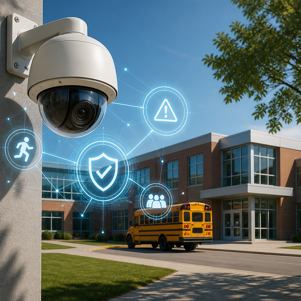 Security camera on a school building watching a yellow bus outside, with glowing safety and warning icons in a bright blue sky