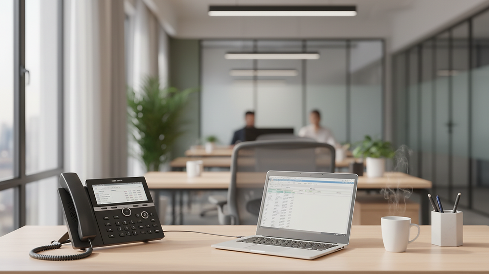 Eye-level view of a modern office desk with a VoIP phone and laptop