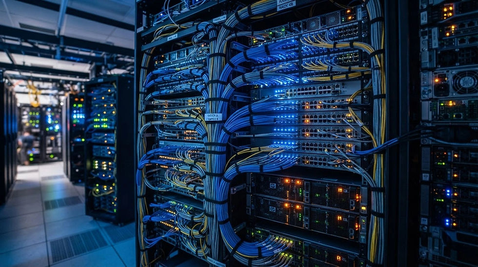 Rows of server racks in a data center, packed with blue cables and glowing LEDs