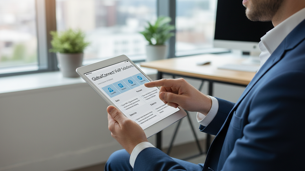 Close-up view of a business person reviewing VoIP service options on a tablet