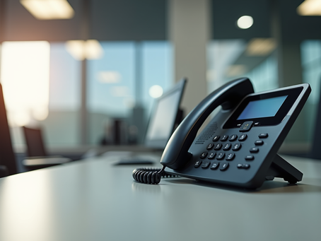 Office phone on wooden desk with papers and laptop. Blurred background of potted plants and window. Calm and professional setting.