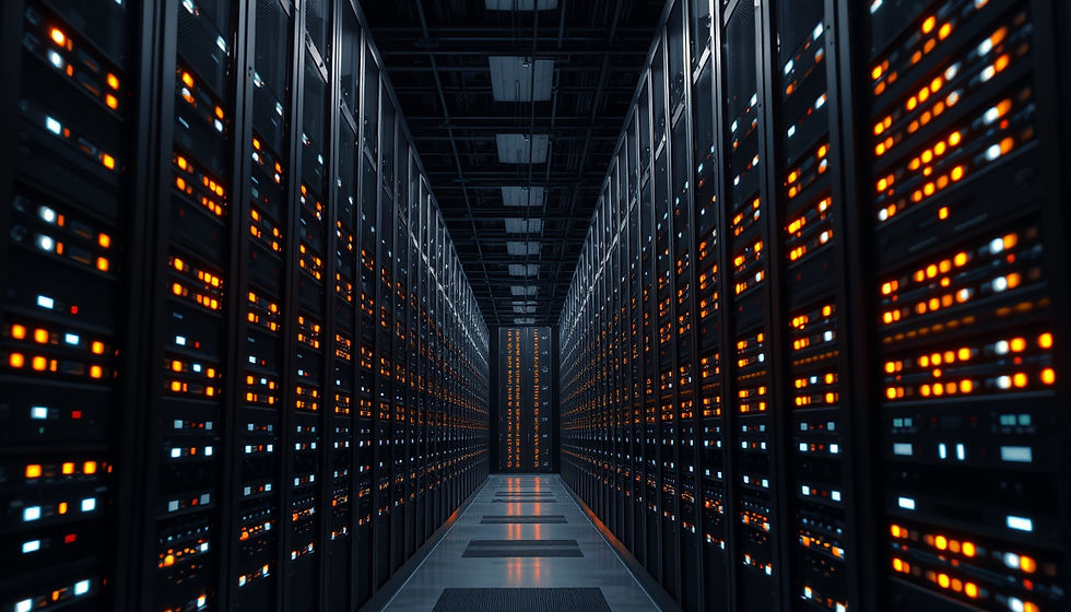 Eye-level view of a modern office server rack with blinking lights