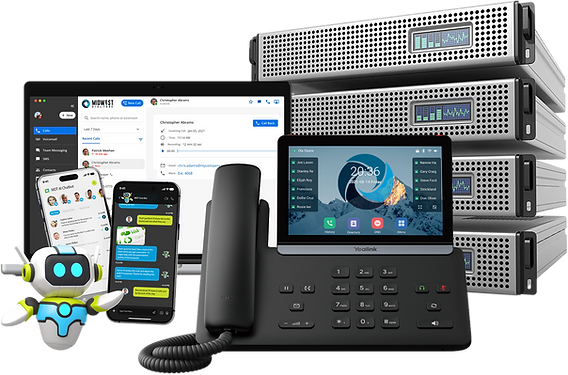 A VoIP phone, two cell phones, a laptop & a stack of 4 servers represent different ways to communicate. 