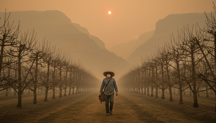 Eye-level view of a farmworker walking through smoky orchard rows wearing a protective mask.