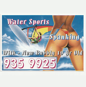 Scan of a full color business card with an illustration of someone's ass in a thong in front of a paraglider hitting the water with a splash. Text reads "Water Sports" "Spanking" "With new bubbly 19 yr old and a phone number.