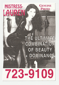 Scan of a white business card printed in dark pink and black ink, featuring a photo of a dominatrix in a latex catsuit. The text reads "Mistress Lauren," "Genuine Photo," "The Ultimate Combination of Beauty and Dominance" and a phone number.
