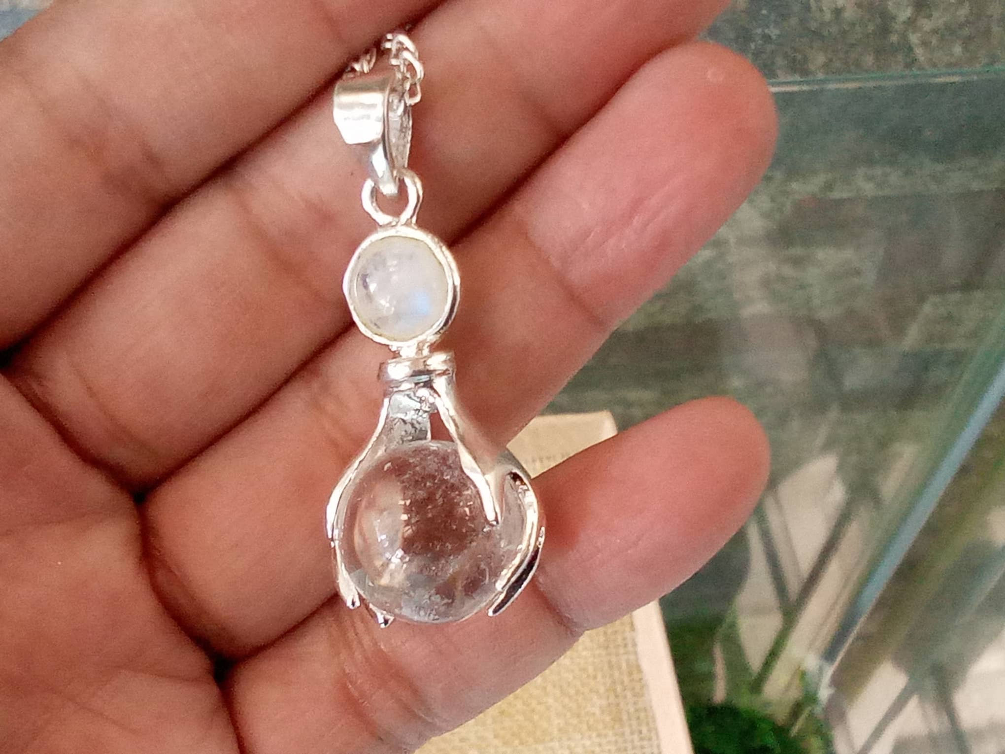 Silver Moonstone and Quartz Crystal Pendant