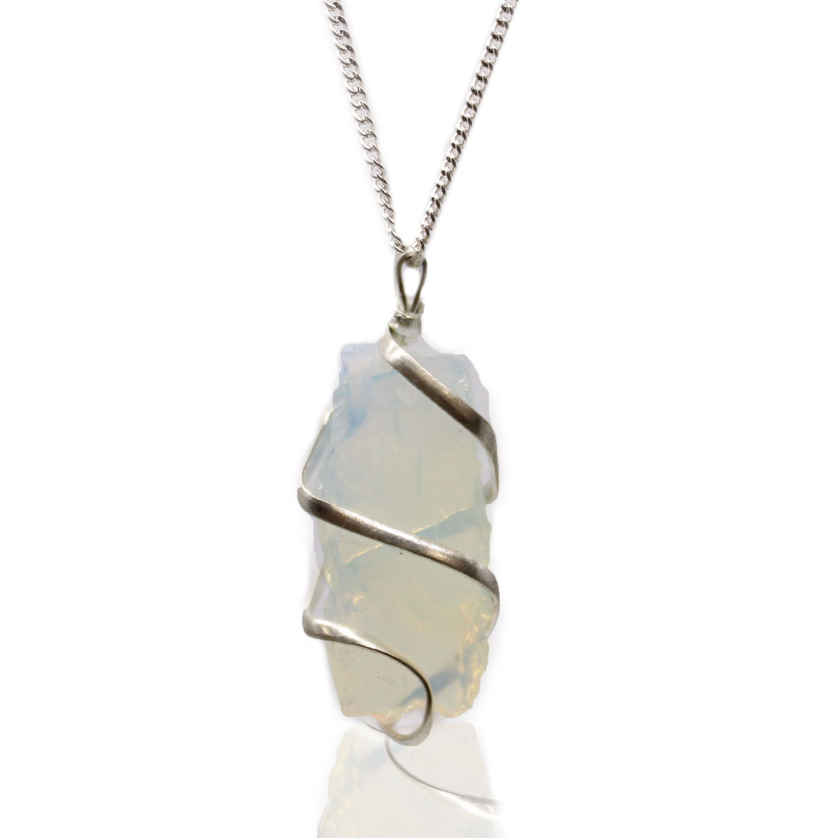 Opal pendant necklace, wire-wrapped, silver chain