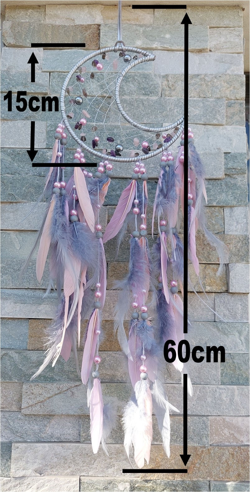 Thumbnail: A pink half-moon dreamcatcher showing the sizes of the dreamcatcher