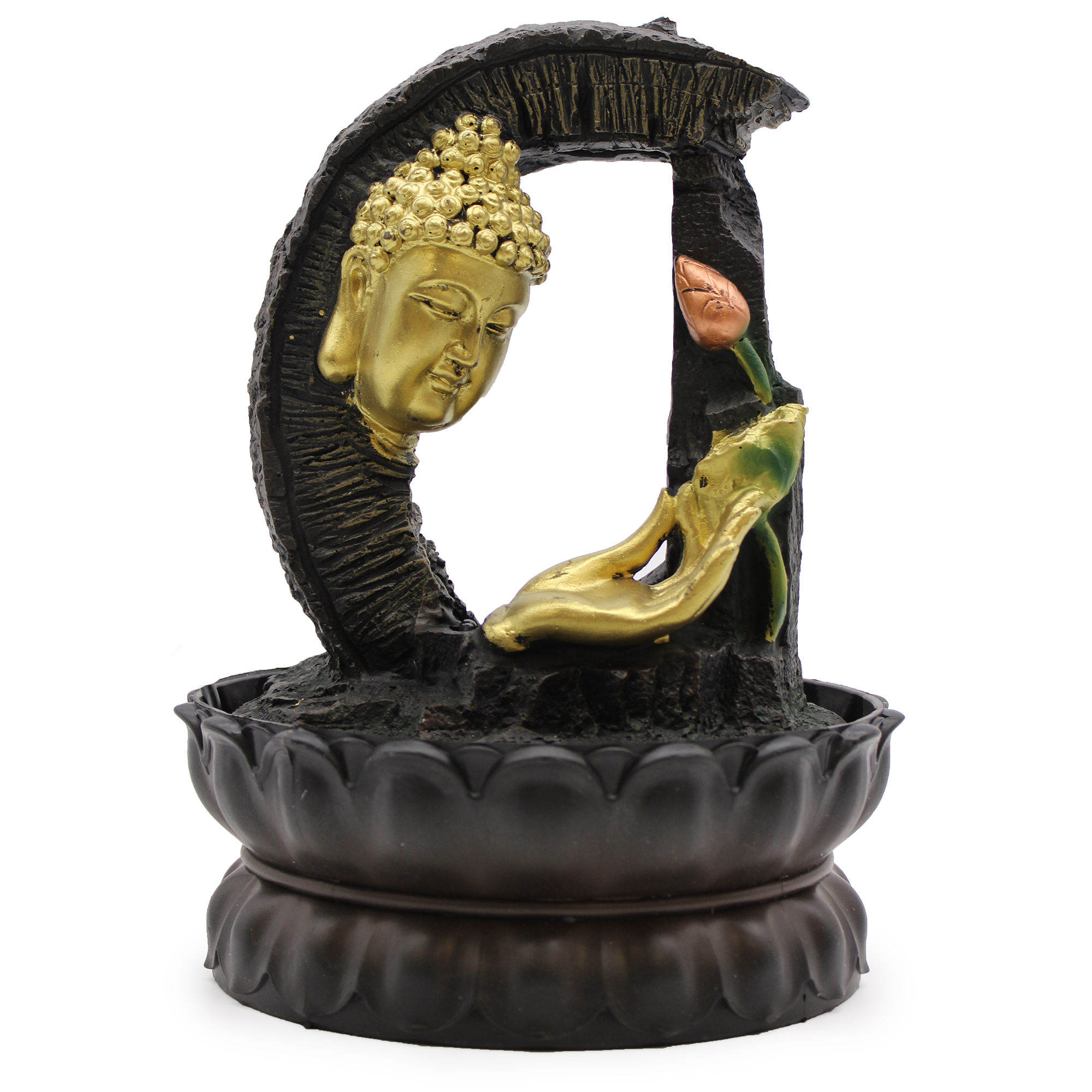 Golden Buddha statue, serene pose, lotus flower