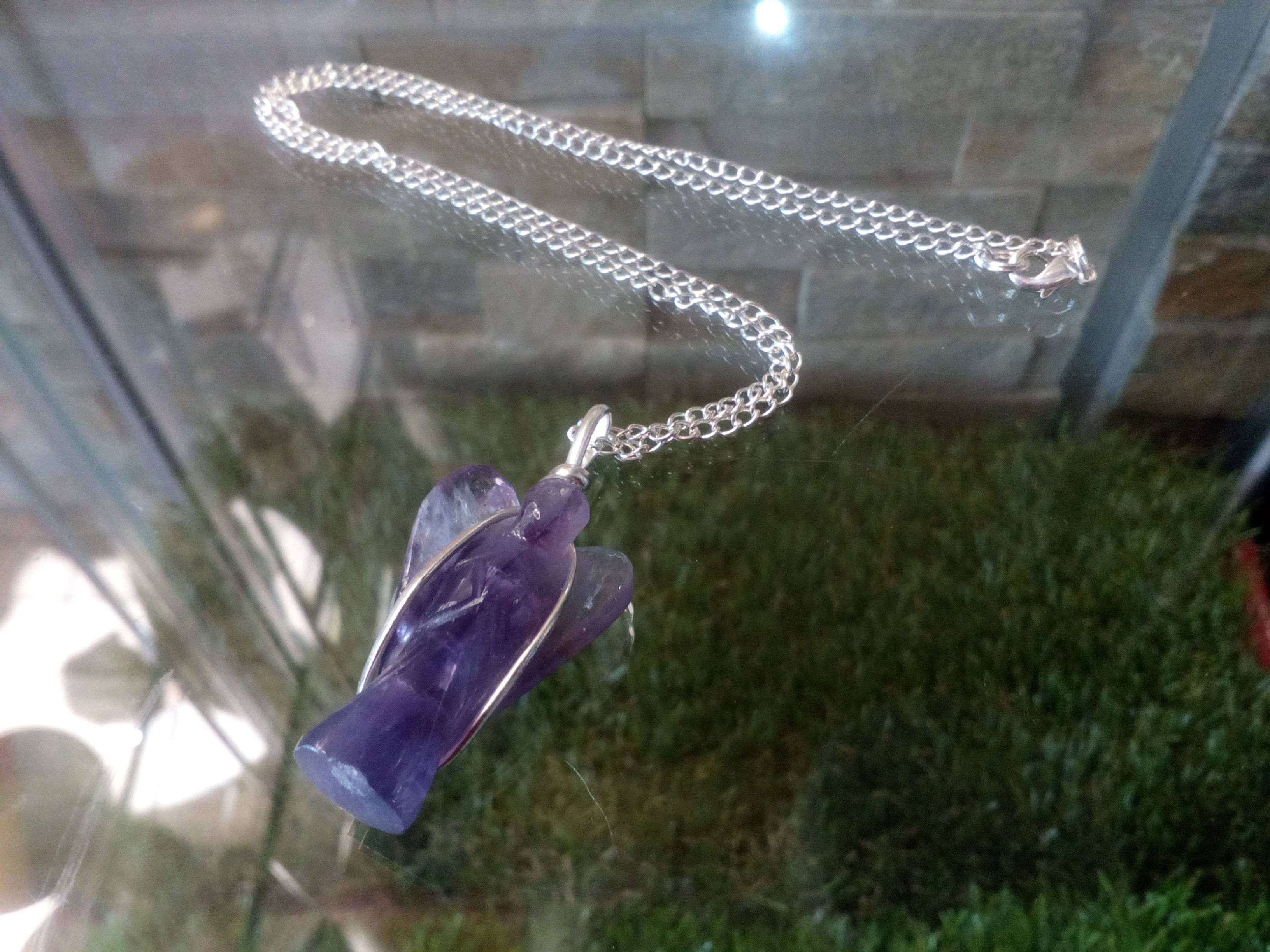 Amethyst angel pendant necklace on silver chain