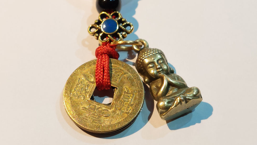Buddha charm keychain with good luck Chinese money coins