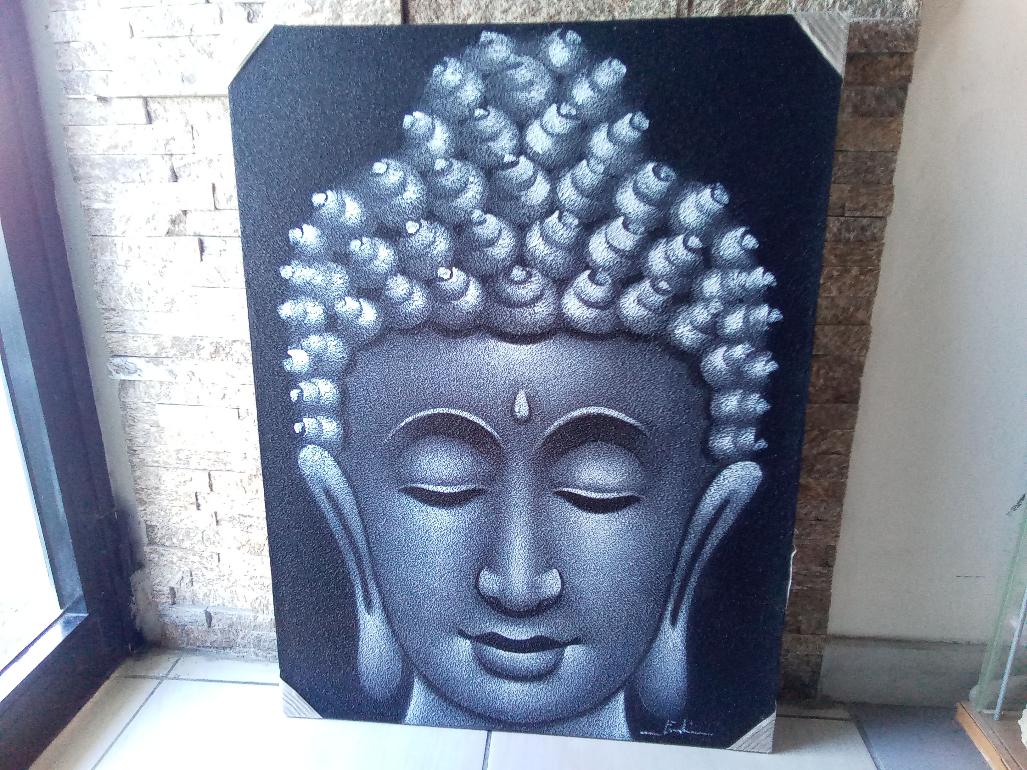 Serene Buddha painting, grey tones