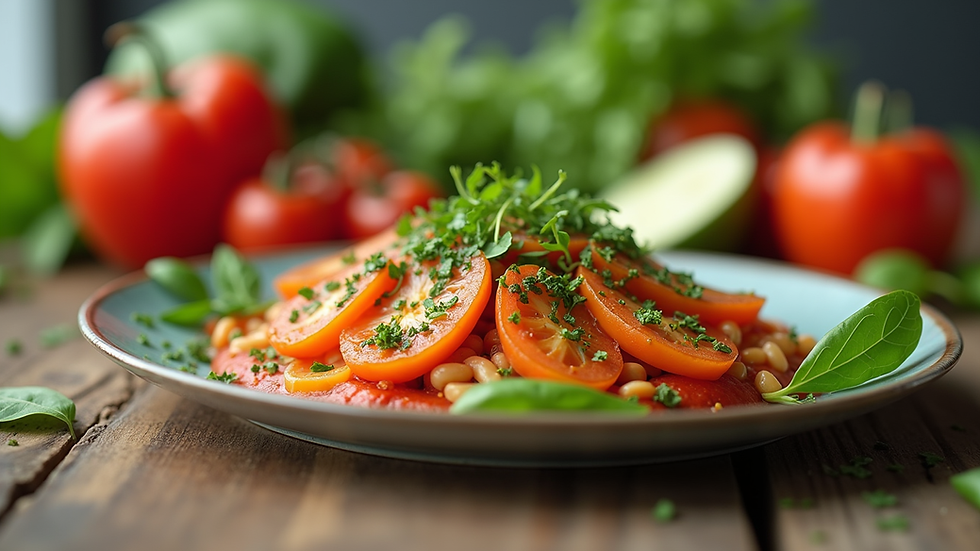 Eye-level view of a vibrant, wholesome meal with fresh vegetables and herbs