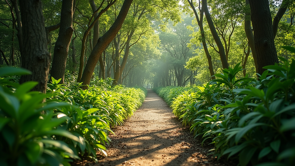 Wide angle view of lush green forest path at Ashara Wellness Retreats