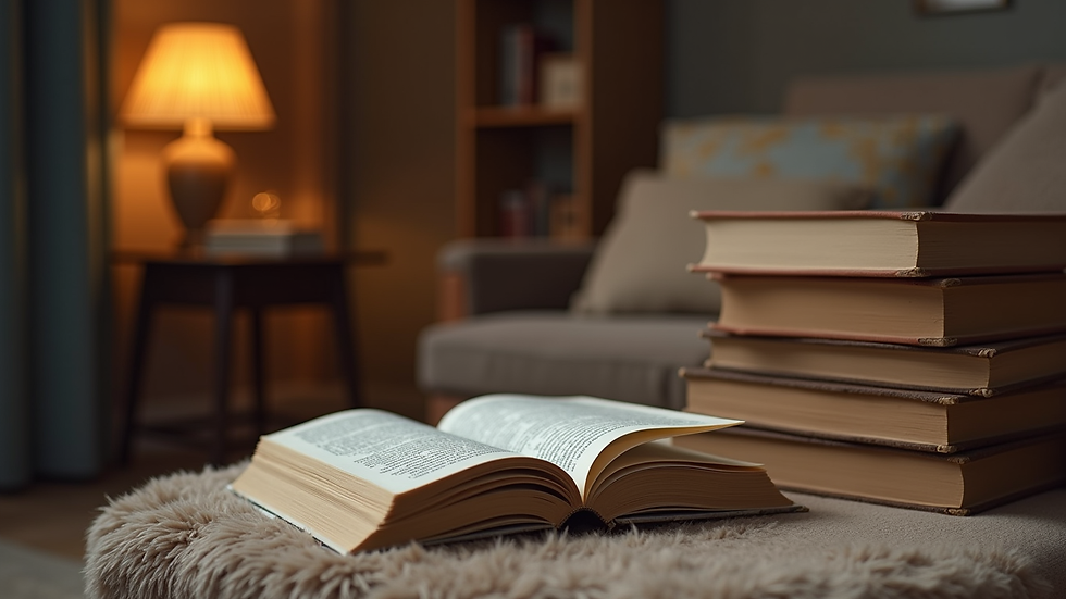 Eye-level view of a cozy reading nook with a stack of books