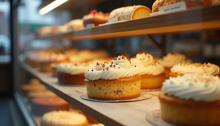 Eye-level view of a display case with assorted low sugar and eggless cakes in a West London bakery