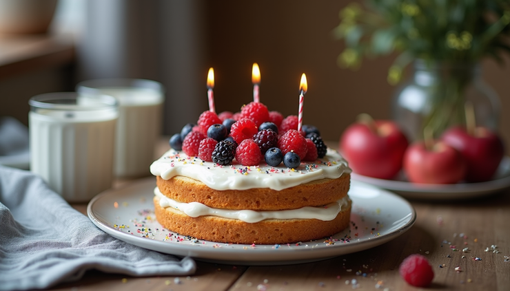 Close-up view of a low sugar birthday cake decorated with fresh berries on a wooden table