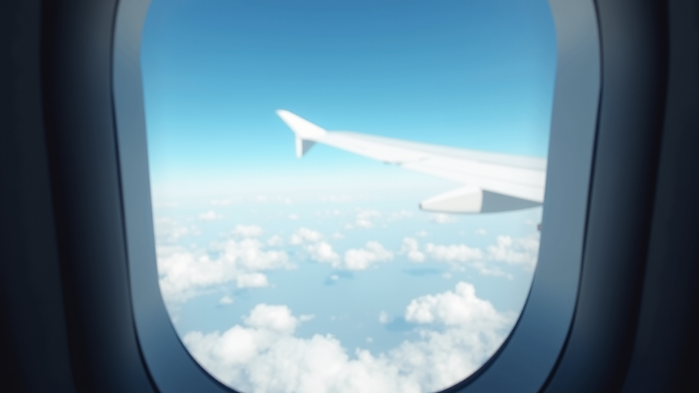 Close-up view of airplane window with blue sky and clouds outside