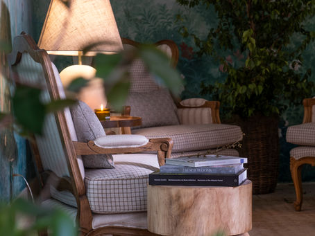 Luz indireta, abajur aceso, poltronas confortável, livros, presença de plantas, jardim de inverno