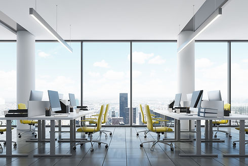 Panoramic open space office with rows of