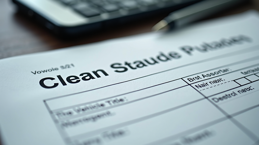 Close-up view of a vehicle title document with a clean title status