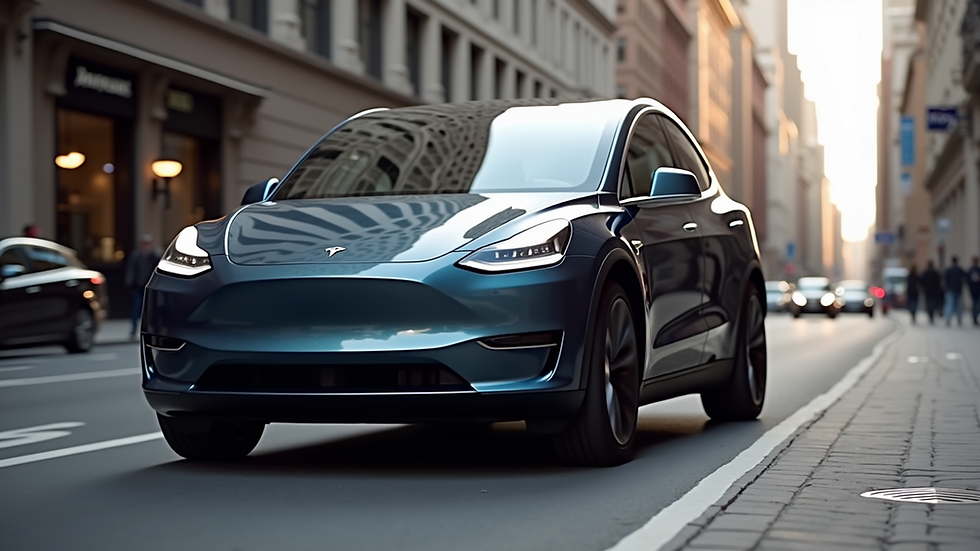 Eye-level view of a sleek Tesla Model Y on a city street