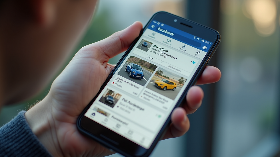 High angle view of a smartphone screen showing Facebook Marketplace vehicle listings
