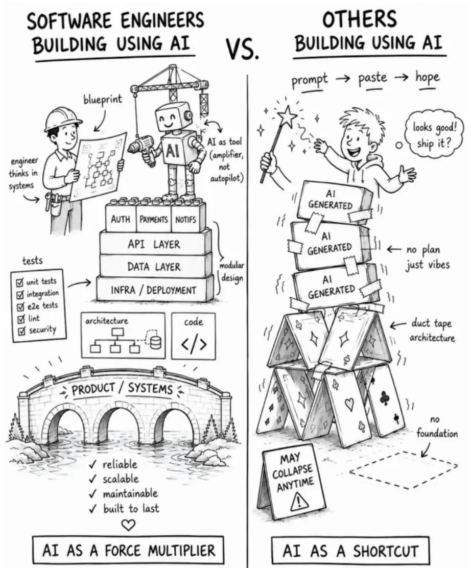 Software engineers use AI with a plan and tests; improvised AI-generated code rests on a house of cards