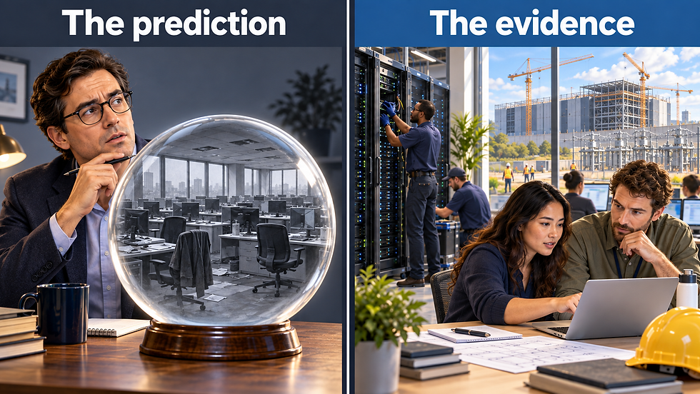 AI predictions versus evidence: a forecaster's crystal ball shows an empty office, while in real life people build software and a data center.