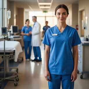 A healthcare professional stands confidently in a hospital corridor, embodying dedication and expertise, as colleagues consult in the background.
