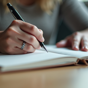 Eye-level view of a person writing notes in a journal during a coaching session