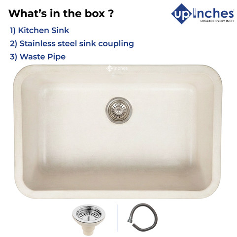 White quartz single-bowl kitchen sink package with stainless-steel strainer coupling and flexible waste pipe.
