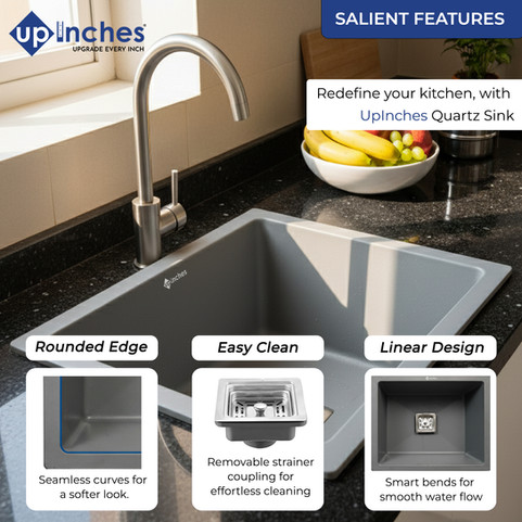 Quartz kitchen sink features — rounded edges, removable stainless-steel strainer, smooth water-flow bowl shape.