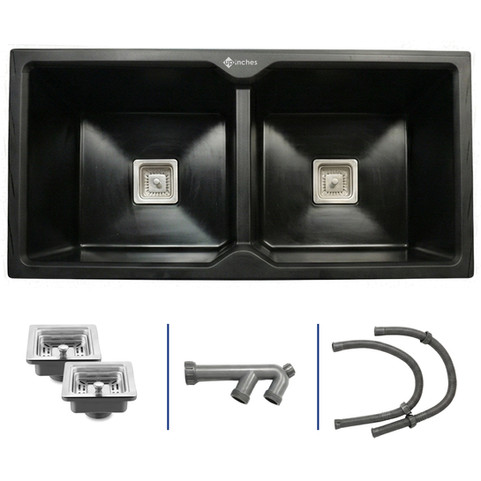 Black quartz double-bowl kitchen sink with square stainless-steel strainers and waste pipe connectors included.