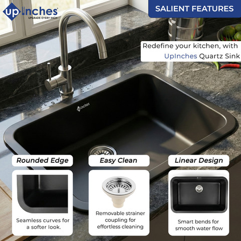 Black quartz kitchen sink features — smooth rounded edges, removable strainer coupling for easy cleaning, and linear bowl des