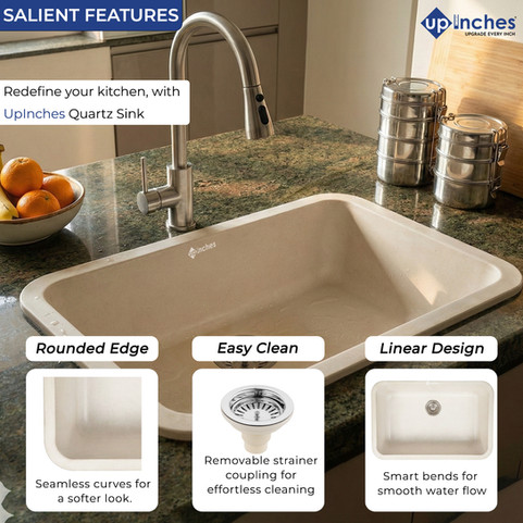 White quartz kitchen sink features — seamless rounded edges, removable strainer coupling for easy cleaning, and linear bowl d