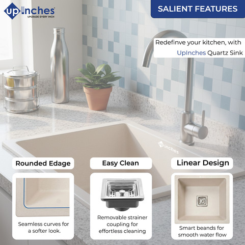 Quartz kitchen sink features — rounded edges, removable stainless-steel strainer, smooth water-flow bowl shape.