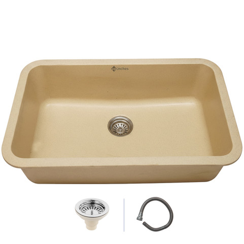 Beige quartz rectangular kitchen sink with rounded edges, single bowl design, stainless-steel drain and waste pipe included.