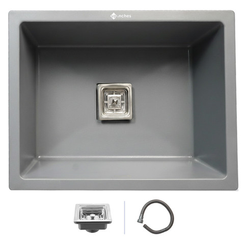 Grey quartz kitchen sink 24x18x10 inch single bowl with square stainless-steel drain and matte finish, sleek modern design.