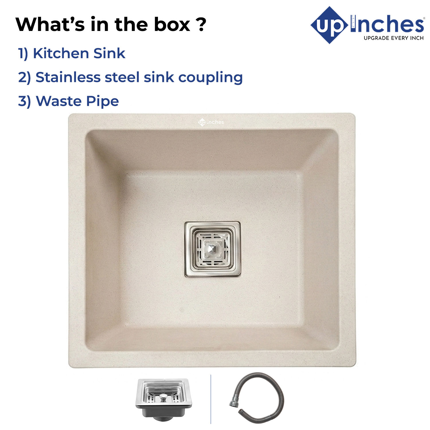 Quartz kitchen sink package including sink, stainless-steel square drain coupling, and flexible waste pipe.