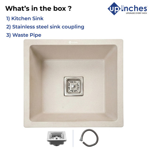 Quartz kitchen sink package including sink, stainless-steel square drain coupling, and flexible waste pipe.