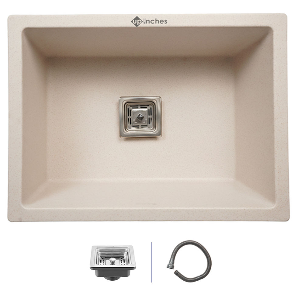 White quartz kitchen sink 24x18x9 inch single bowl with square stainless-steel drain and matte finish, clean minimalist look.